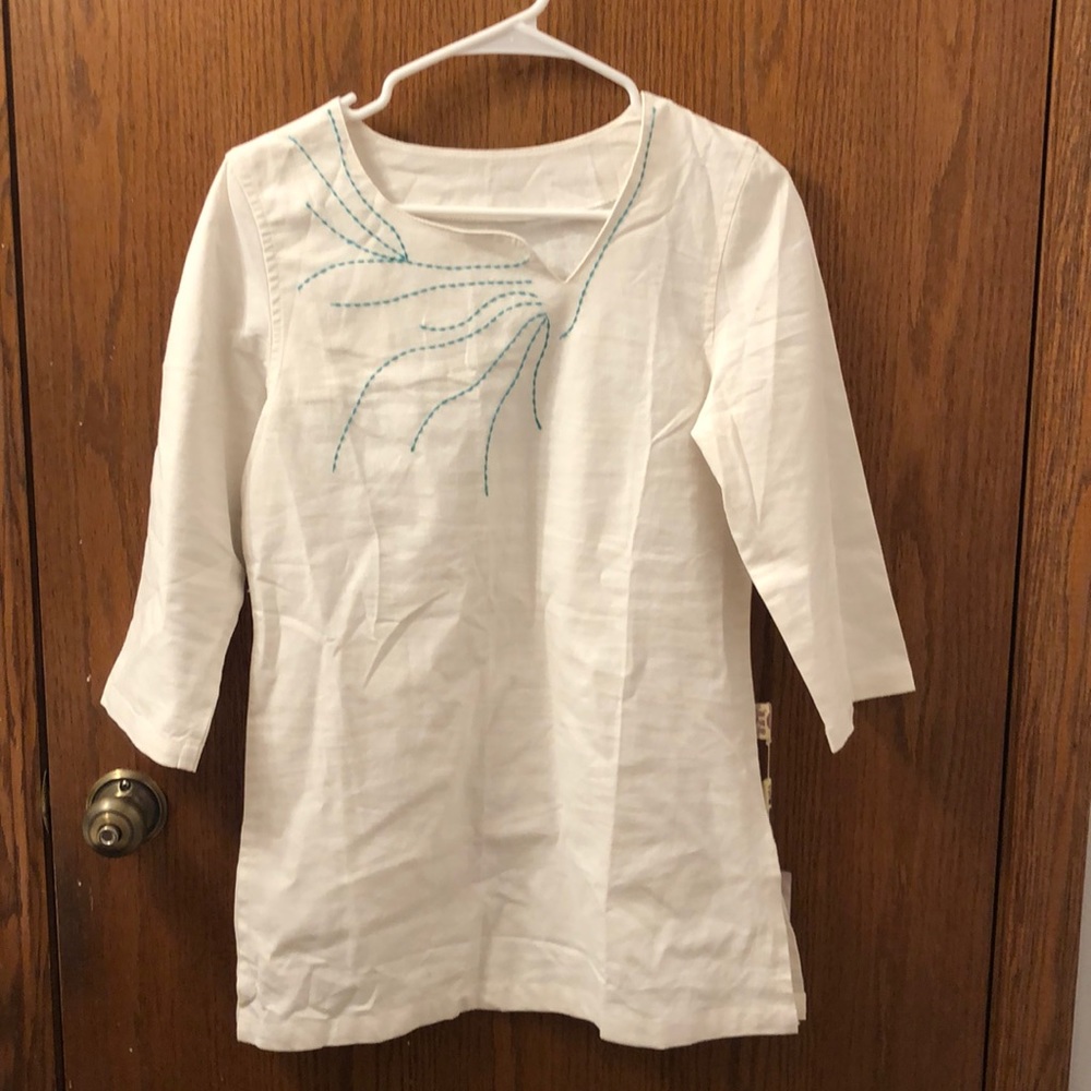 KSUA Cotton& linen white 3/4 sleeve blouse